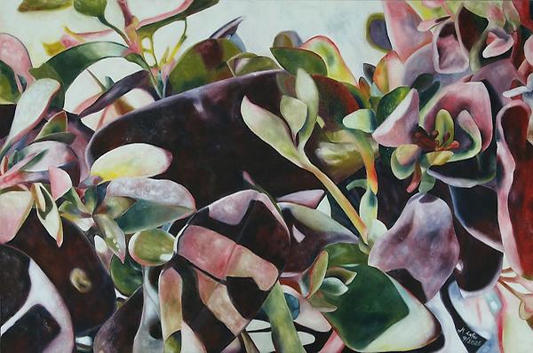 Monika Lafer, 2026, Sedum, 80 x 120 cm, Acryl auf ungrundierter Baumwolle