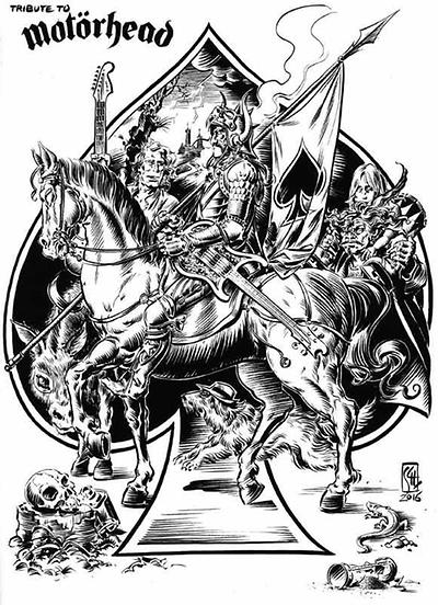 Chris Scheuer hat Albrecht Dürers Kupferstich „Ritter, Tod und Teufel“ (1513) als einen „Tribute to Motörhead“ paraphrasiert. height=