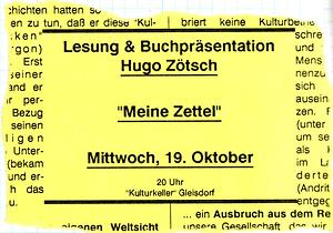 Programmhinweis auf die Buchpräsentation von „Meine Zettel“. (Archiv: Martin Krusche)