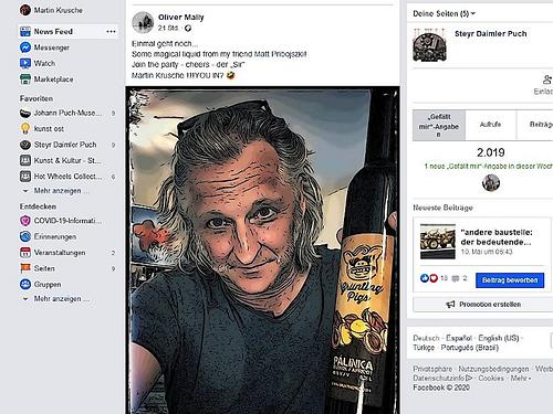 Mit Musiker Sir Oliver Mally bespreche ich kontinuierlich kulturpolitische Fragen und jeden Samstag pflegen wir eine Tele-Drink-Session, um eine Lockdown-Woche zu verabschieden. Dazu finden sich unerschiedliche Kreise liebenswürdiger Menschen ein, denn jede Krise muß auch Momente eines Festes erhalten. (Quelle: Facebook)