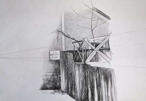 Monika Lafer: 2022, Gebäude Gliederwehr, 45 x 65 cm, Bleistift, Papier