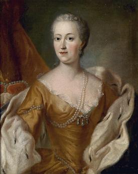 Erzherzogin Maria Theresia von Habsburg-Österreich, unbekannter Maler, um 1740? Vielleicht zwischen 1735 und 1740? Standort unbekannt. Links der österreichische Erzherzoghut - Foto: Dorotheum, Wikimedia Commons - Gemeinfrei