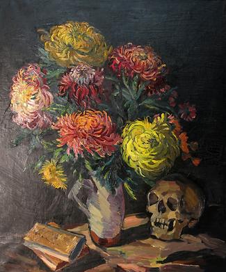 Chrysanthemen mit Totenkopf und zwei Büchern / 'Allerseelen', Stephanie Hollenstein (1886–1944), Öl auf Leinwand, 85,0 x 70,5 cm, 1924; Galerie Stephanie Hollenstein, Lustenau, Vorarlberg - Foto: Galerie Stephanie Hollenstein, Wikimedia Commons - Gemeinfrei