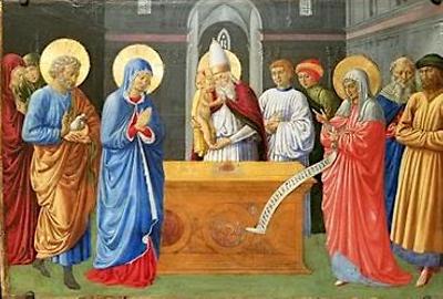 Maria und Joseph mit zwei Tauben als Opfergaben, Simeon mit Jesuskind und Hanna