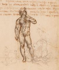 Leonardo da Vinci, Studie des David von Michelangelo, Detail, 1505; The Royal Collection - Ausschnitt eines Fotos: https://www.rct.uk/collection, Wikimedia Commons - Gemeinfrei