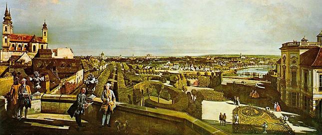 Schloss Kaunitz-Rietberg in Wien-Mariahilf, mit Kaunitz im Vordergrund. Öl auf Leinwand, Bernardo Bellotto, genannt Canaletto, Jahr?