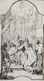 Bischofsweihe, Studie (Entwurf für ein Altarbild), Tusche laviert auf Papier, ca. 35 x 22 cm, zwischen 1750 und 1794 (?), Maulbertsch-Kreis