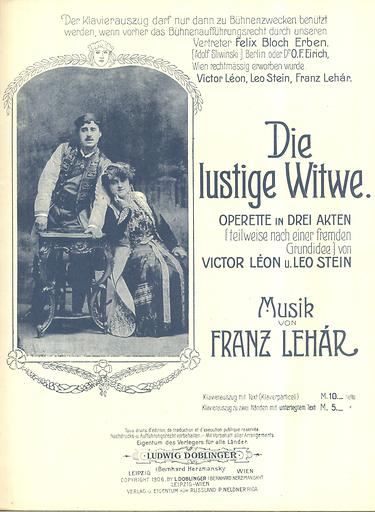 'Die lustige Witwe. Titelseite des Klavierauszuges. Foto mit Mizzi Günther in der Titelfigur und Louis Treumann, Wien 1906