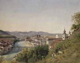 Steyr in Oberösterreich. Blick auf Steyr vom Tabor (Guckkastenblatt), gemalt 1844 von Jakob Alt; Albertina Wien - Foto: Albertina, Wikimedia Commons - Gemeinfrei
