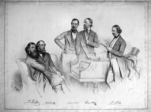 Wiener Musiker - Franz von Suppé, zweiter von rechts; Karl Binder, Anton M. Storch, Heinrich Proch und Emil Titl - Josef Kriehuber, Lithographie 1852