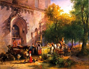 Menschen und Tiere rasten bei Klosterbrunnen (in Salburg?), 1836
