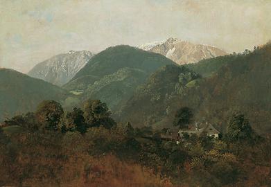 Imposanter Blick in eine Zauberwelt des bewaldeten Gebirges, von Scheuchenstein zum Gauermannhof, dahinter die Kuppen des Schneeberges, um 1835