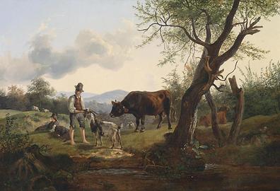 Junger Hirte mit Ziegenbock inmitten einer niederösterreichischen (?) Landschaft, spätestens 1862. Ein beliebtes Gauermannmotiv, das auch in der Gauermannheimat an manchen Hauswänden zu sehen ist