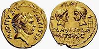 Aureus Sextus Pompeius, Sizilien, geprägt um 42-40 v. Chr. - Foto: Classical Numismatic Group, Wikimedia Commons - Gemeinfrei - Wenn die Heiligen Drei Könige Gold gebracht haben, dann könnten es die damals im Umlauf befundenen Aureus mit den Herrscherbildnissen gewesen sein.
