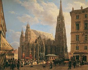 Wiener Stephansdom, Öl auf Leinwand, Rudolf von Alt, 1832; Oberes Belvedere Wien - Foto: Wikimedia Commons - Gemeinfrei - Hier dürften noch die 'originalen' gotischen Bauteile (Südturm, Fensterachsen, Stützpfeiler und Dachaufbauten auf den romanischen Heidentürmen) sein. Auffallend auf dem Südturm die Uhr, die später unter Friedrich von Schmidt entfernt wurde