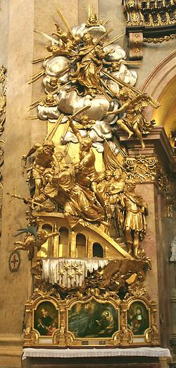 Peterskirche, Wien-Innere Stadt. Johannes-von-Nepomuk-Altar mit 'Brückensturz' des Heiligen, Lorenzi Mattielli, 1729 - Ausschnitt eines Fotos: Dguendel, Wikimedia Commons - Gemeinfrei