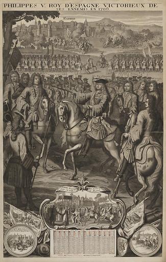 Philippes V. Roy d Espagne victorieux de ses ennemis en 1706 (Philipp V. König von Spanien siegte 1706 über seine Feinde). Almanach von 1707