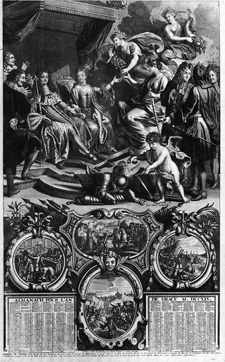 Ludwig XIV. und Anne Stuart bringen Europa den Frieden (1713). Allegorie des Friedens zwischen Frankreich und Savoyen. Kupferstich, 1714