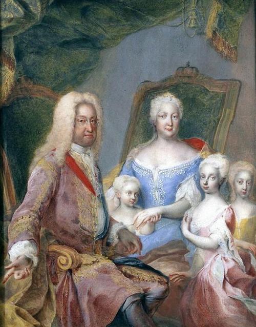 Kaiser Karl VI. und Titular-Kaiserin Elisabeth Christine mit ihren Töchtern, den Erzherzoginnen - von links nach rechts: Maria Amalia, Maria Theresia und Maria Anna