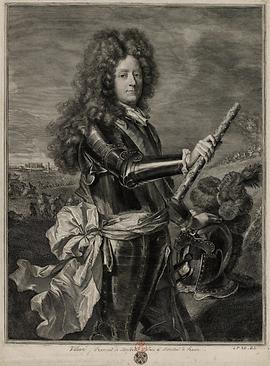 Francois de Neufville, duc de Villeroy. Verlierer in der Schlacht um Höchstädt gegen Prinz Eugen. Kupferstichporträt, zwischen 1693 bis 1730