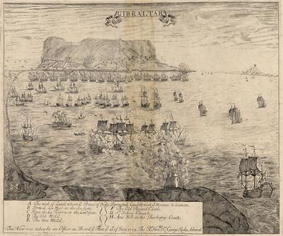 Blick auf Gibraltar, aufgezeichnet von einem Offizier der Flotte von Admiral Sir George Rooke am 21. Juli 1704