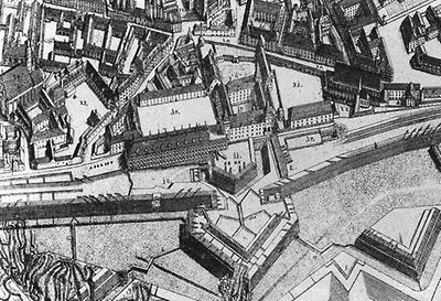 Ansicht der kaiserlichen Hofburg (Teil der Festungsstadt mit Basteien) - das kleine quadratische Areal wäre der Schweizertrakt, die Wohn- und Arbeitsräume des Kaiser Karls VI., Ausschnitt aus einem Plan (Vogelschau) von Daniel Suttinger, 1683