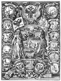 Reichsritterschaft, Schwaben, Franken und Rhein, Wappen und Allegorien. Kupferstich, 1721