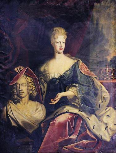 Königin Elisabeth Christine von Spanien. An ihrer Seite eine Porträtbüste ihres Mannes, um 1711 bis 1712