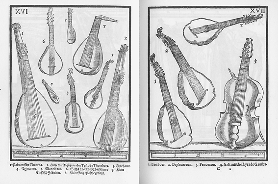 Kupferstiche mit Saiteninstrumenten. Nr. 1 und 2 Theorben, 1620