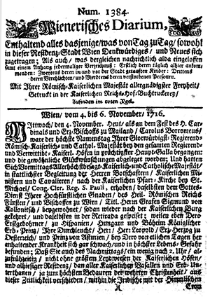 Titelseite Des Wienerischen Diarium vom 7. November 1716 mit der Nachricht über den Tod des Erbprinzen