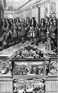 König Ludwig XIV. stellt im Dezember 1700 dem Staatsrat seinen Enkelsohn Philipp de Anjou als neuen König von Spanien vor: Philipp V. Kupferstich