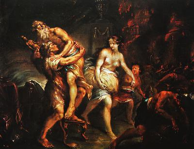 'Flucht des Aeneas mit Anchises aus Troja'. Öl auf Leinwand, 32,5 x 42,2 cm, 1785