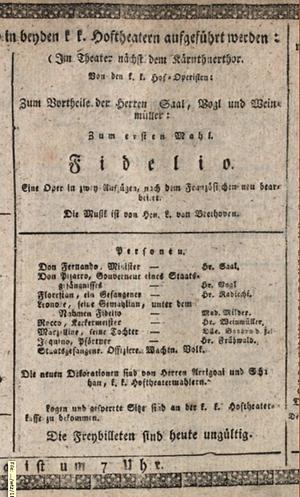 Theaterzettel der Uraufführung der Oper 'Fidelio' im k. k. Hoftheater (Wiener Kärntnertortheater) am 24. Mai 1814