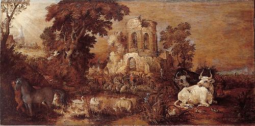 Landschaft mit Ruinen und Kühe nahe einem See, Roelant Savery, etwa 1630 , Höhe: 54,4 cm; Weite: 108,8 cm; derzeit nicht ausgestellt, Centraal Museum Utrecht - Foto: Wikimedia Commons - Gemeinfrei