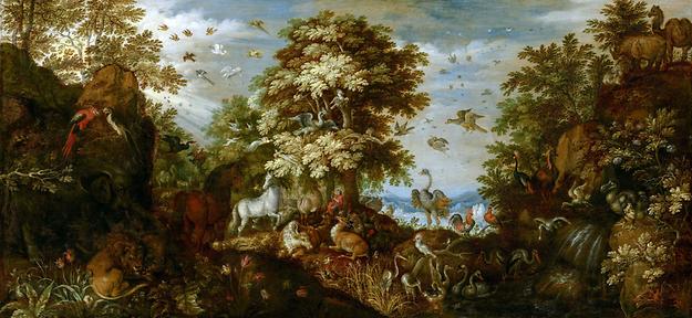 Orpheus verzaubert die Tiere mit seiner Musik, Roelant Savery, Öl auf Holz, Höhe: 62,0 cm, 1627; Weite: 131,5 cm; Galerie Prinz Willem V - Foto: Wikimedia Commons - Gemeinfrei