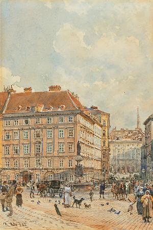 Freyung, 1885; Privatsammlung - In der Bildmitte der 1846 errichtete Austriabrunnen und rechts Blickrichtung Am Hof - Foto: Wikimedia Commons - Gemeinfrei