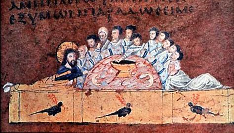Abendmahl, Miniatur im Rossano-Evangeliar (Codex purpureus Rossanensis), Syrien, 5. Jh.