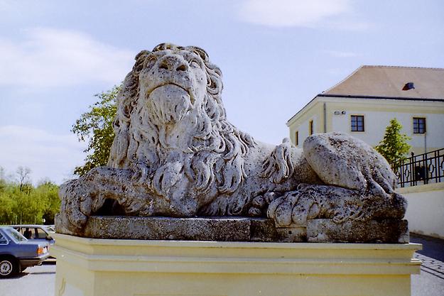 Löwe vor dem Schloss Hof bei Engelhartstetten, NÖ - Foto: Ernst Zentner (1994 Mai)