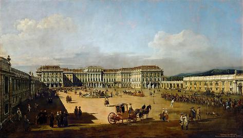 Das kaiserliche Lustschloss Schönbrunn, Corps de Logis/Ehrenhofseite, gemalt von Bernardo Bellotto, genannt Canaletto, 1751/61; ursprünglich im Schloss Pressburg (Posony, Ungarn, 1781); KHM, Wien - Foto: Wikimedia Commons - Gemeinfrei