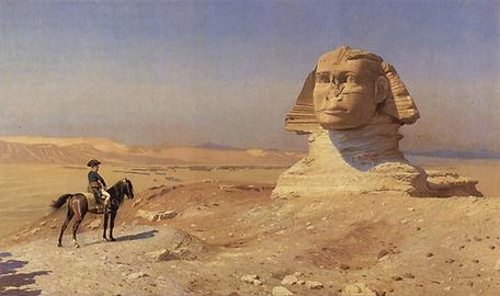 Napoleon Bonaparte vor der Sphinx, Historiengemälde von Jean-Léon Gérôme, 1867-68; Hearst Castle San Simeon, California, USA - Napoleon achtete während seines Ägyptenfeldzuges auf die große kulturelle Bedeutung des alten Ägypten. Seine Wissenschaftler dokumentierten die uralten Artefakte gründlich und offenbar wurde eine dieser Zeichnungen zur Vorlage - Foto: Wikimedia Commons - Gemeinfrei