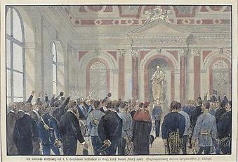Darstellung der Eröffnungsfeier mit Kaiser Franz Joseph am 12. Dezember 1888