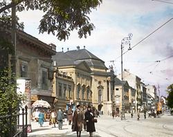 Das Auerspergpalais auf der Lastenstraße in der Josefstadt. Wien VIII. Handkoloriertes Glasdiapositiv. Um 1920.