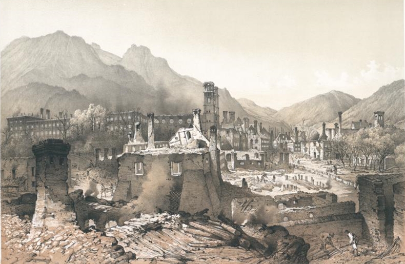 Markt- und Stift Admont nach dem Brand 1865. Getonte Lithografie