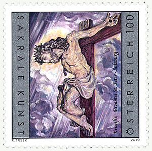 Briefmarke, Kruzifix / Erzabtei St. Peter in Salzburg