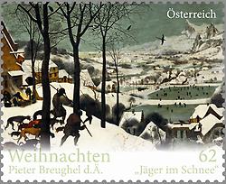 Briefmarke, Pieter Breughel d. Ä. - 'Jäger im Schnee“