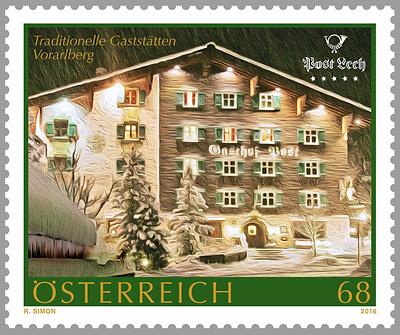 Briefmarke, Gasthof Post, Lech