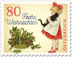 Briefmarke, Weihnachten 2018 – Vintage – Mädchen mit Katze