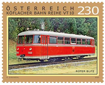 Briefmarke, Roter Blitz - Graz-Köflacher Bahn Reihe VT 10