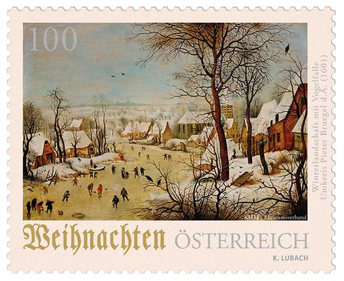 Briefmarke, Weihnachten - Winterlandschaft mit Vogelfalle