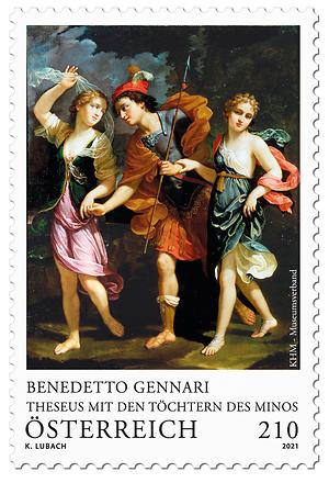 Briefmarke, Benedetto Gennari — Theseus mit den Töchtern des Minos